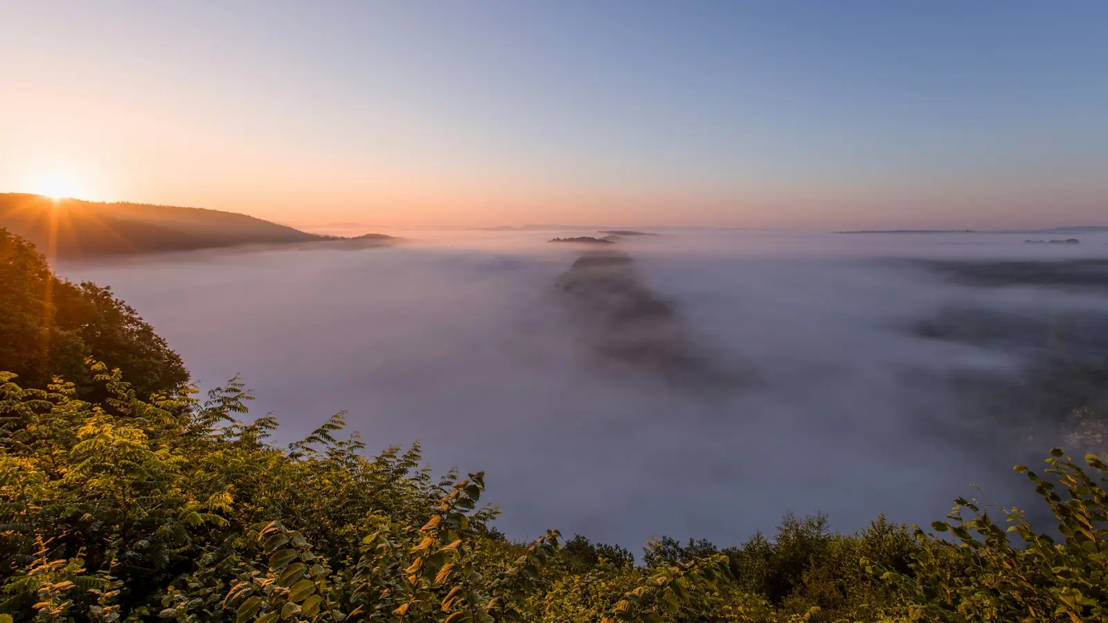 Morning mist lying over a river valley at sunrise, trees in the foreground
