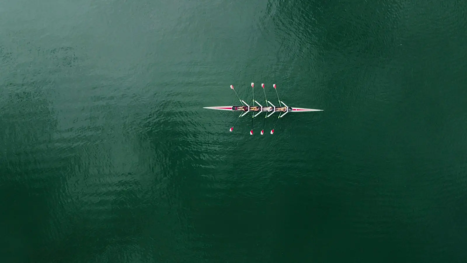 A tiny rowing boat far below on still green water, its crew in step