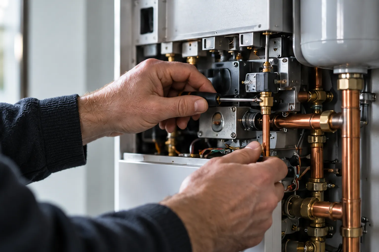 An engineer's hands working with a screwdriver inside the open casing of a wall boiler, copper pipes below