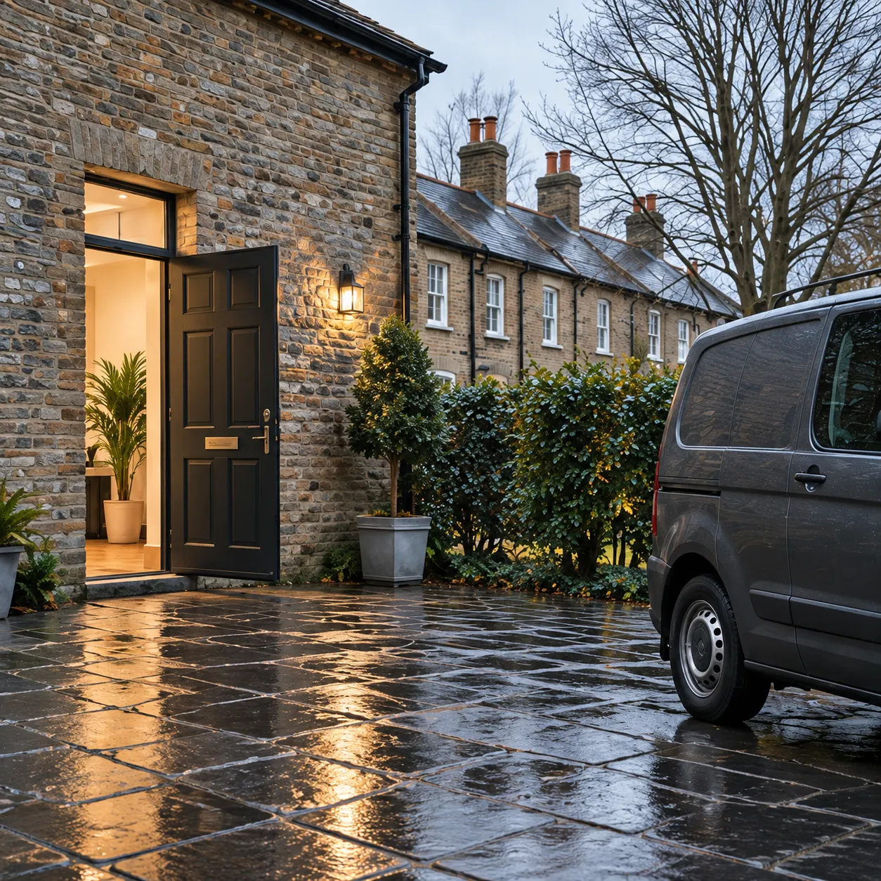 The open door of the Brook Court office on a cool morning, wet paving and the side of a plain van