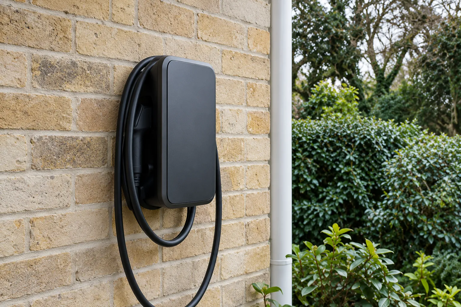 A dark grey home car charger with its cable coiled, on a pale brick wall beside a hedge