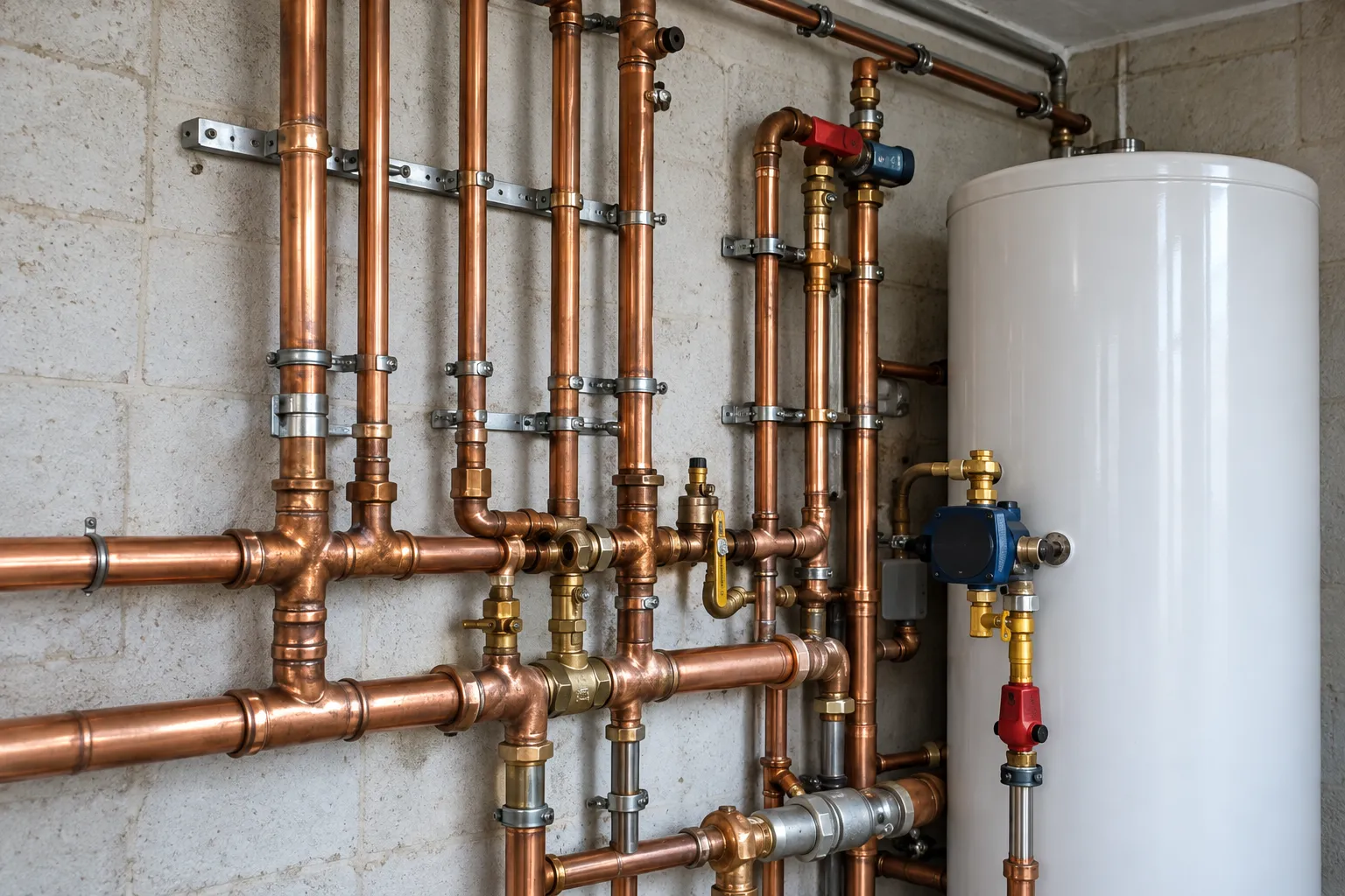 New copper pipework, valves and a pump around a white cylinder in a village hall's plant room