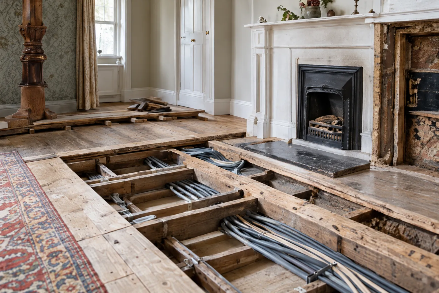 A sitting room in a 1930s semi with a few floorboards lifted over neat new cables, a fireplace behind
