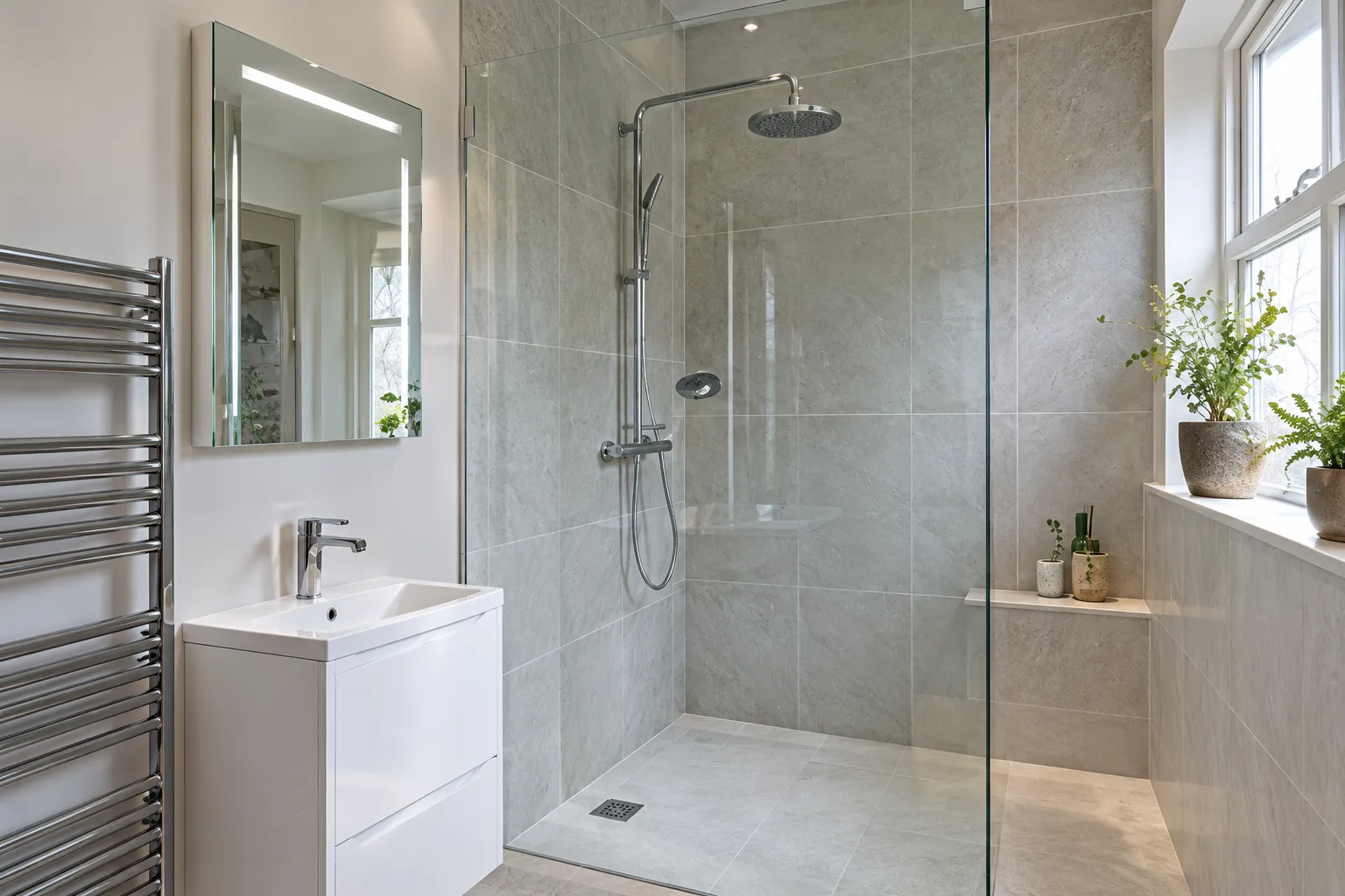 A finished walk-in shower room in pale stone tiles with a glass screen, a basin unit and a towel radiator