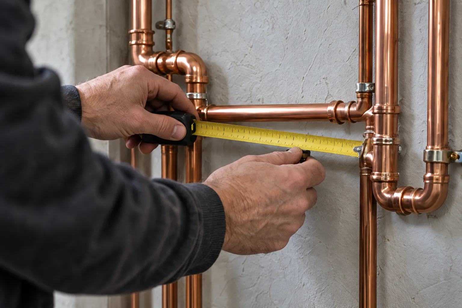 An engineer's hands holding a tape measure against new copper pipes on a plaster wall