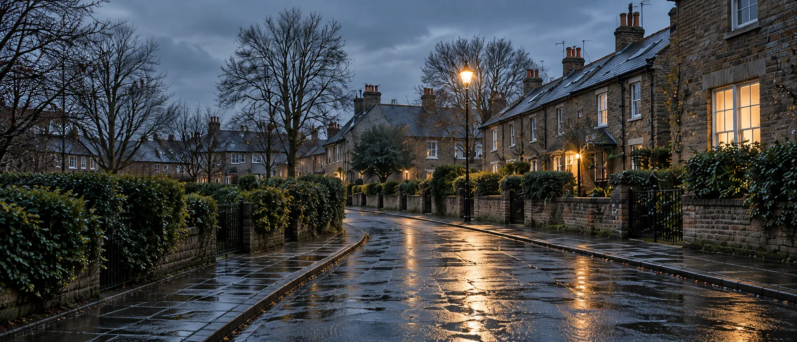 A Kent street of brick terraces at dusk after rain, a street lamp lit and one window glowing