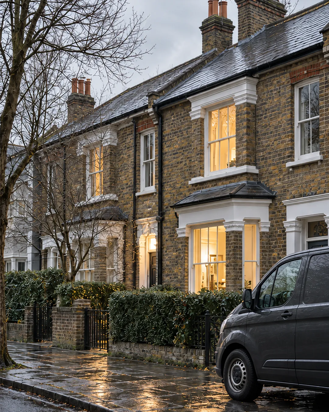 A Victorian brick terrace on a winter morning after rain, wet slate roofs and warm lit windows, a plain graphite van at the kerb