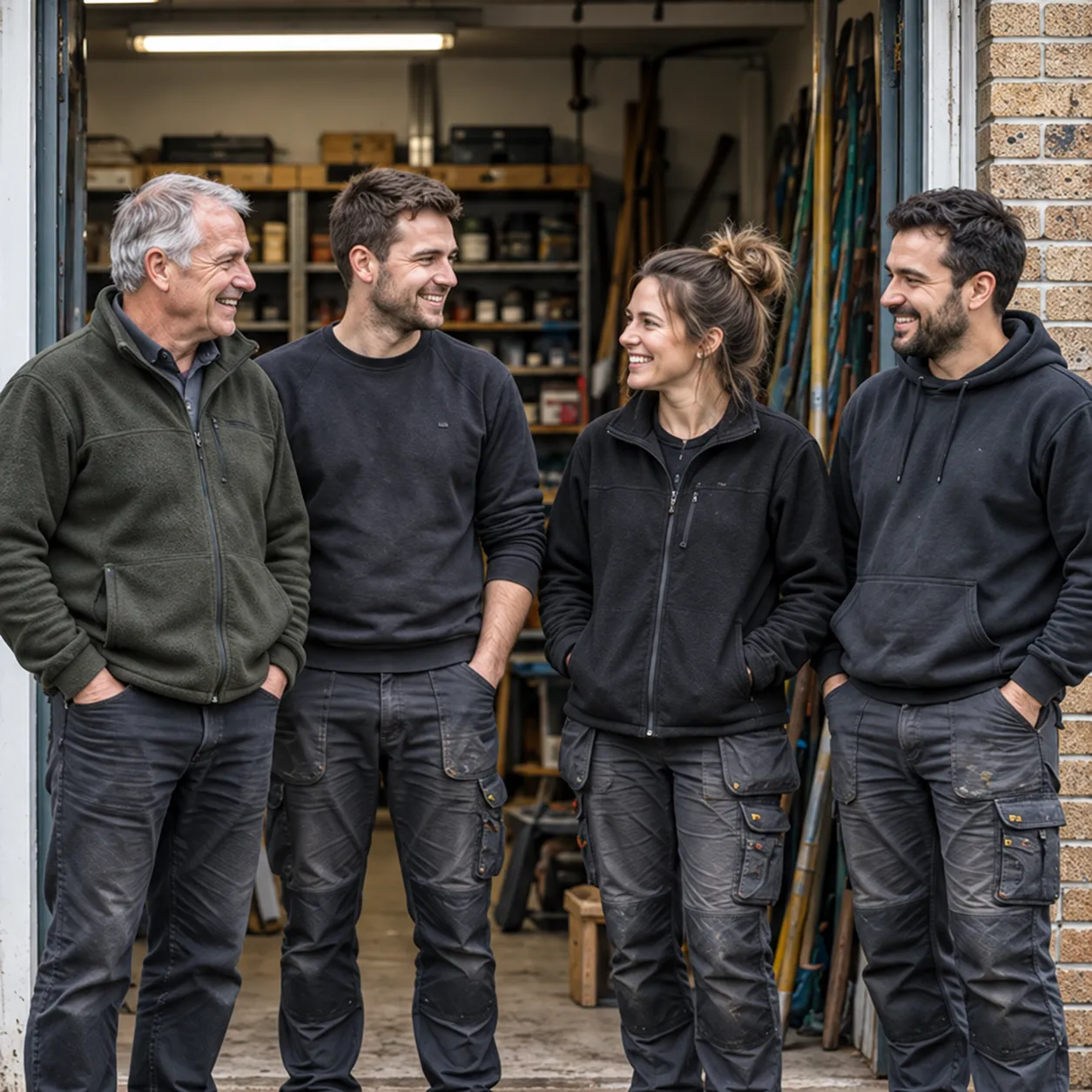 Ray, Tom, Megan and Sam laughing together in the open doorway of the Brook Court workshop, shelves of tools behind them