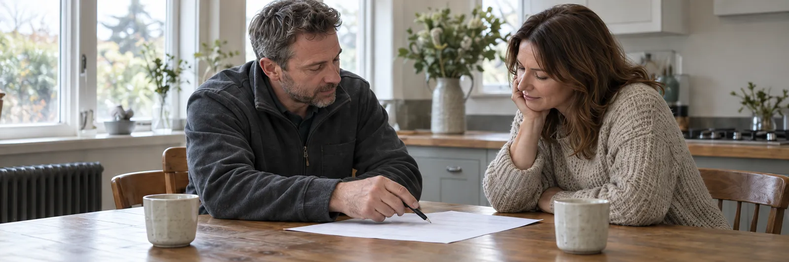 A plumbing engineer at a kitchen table showing a homeowner a written price on paper, two mugs beside them