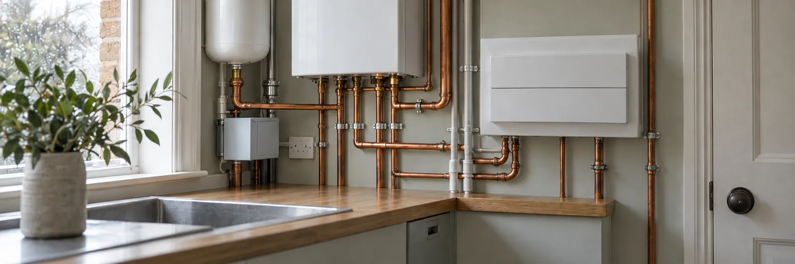 Neat new copper pipework and a plain white boiler casing on a pale wall in a utility room, a window and a plant beside them