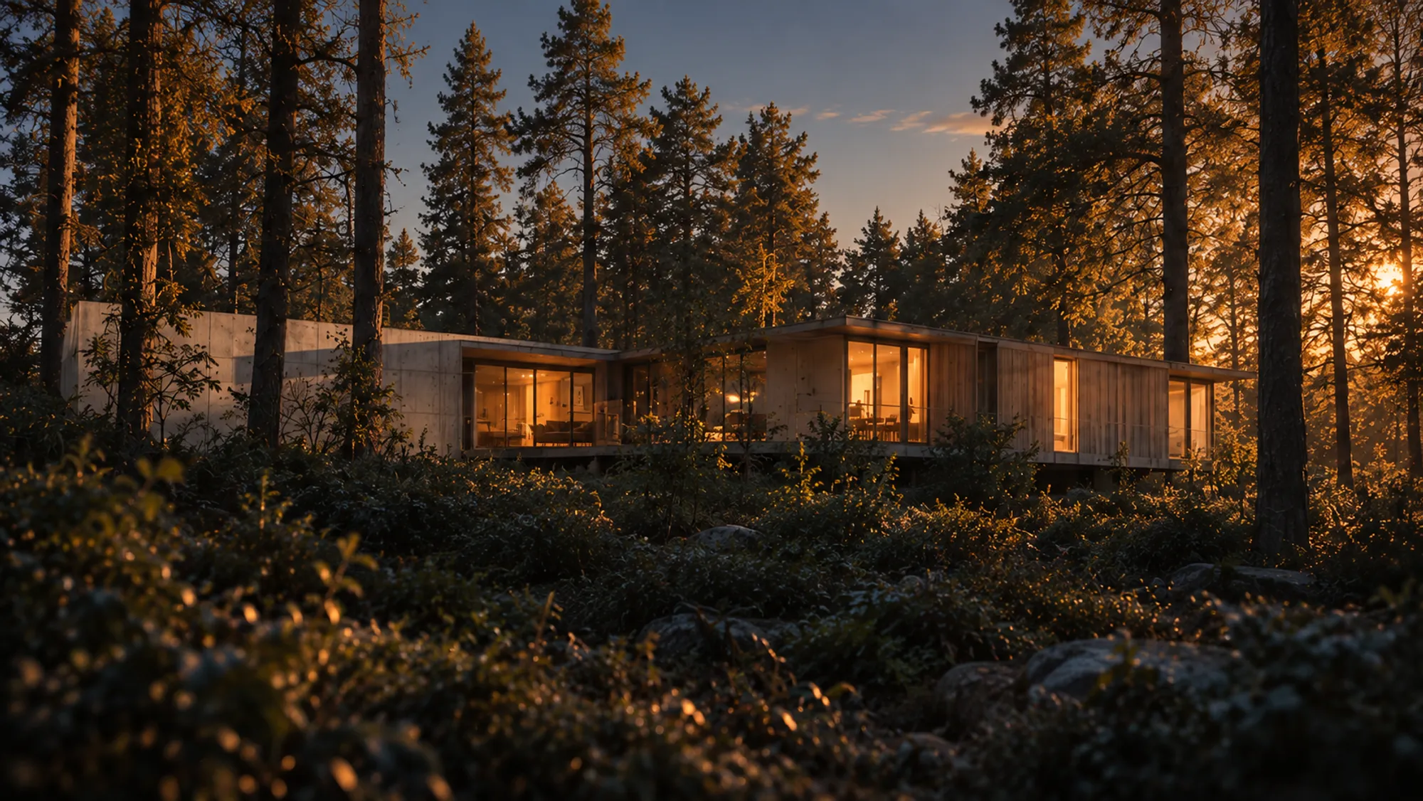 Low timber and concrete house among tall pines at dusk, windows lit warm, the last sun on the treetops