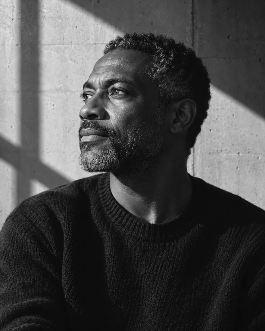 Idris Bello in black and white, looking towards window light on a concrete wall