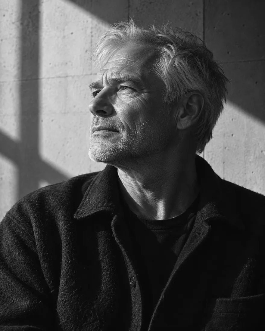 Peter Lindqvist in black and white, white-haired in a dark work jacket, squinting into window light