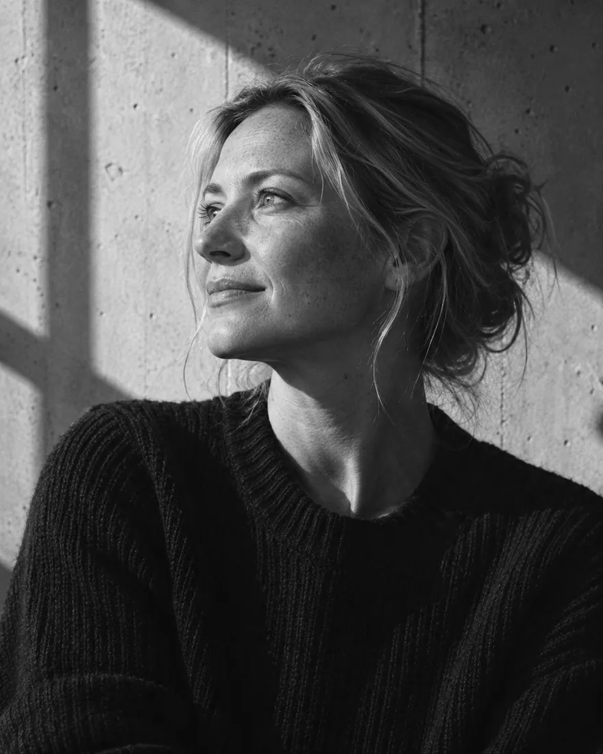 Saoirse Mullan in black and white, hair tied back, smiling faintly towards window light