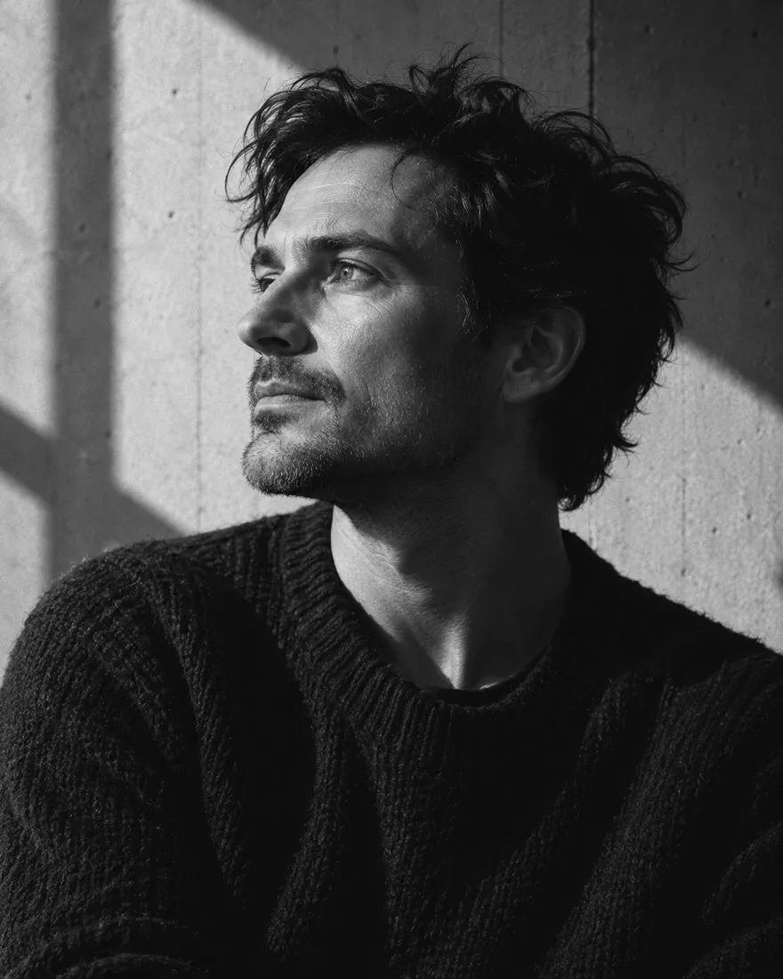 Tomas Rehák in black and white, dark tousled hair, in three-quarter profile towards the light