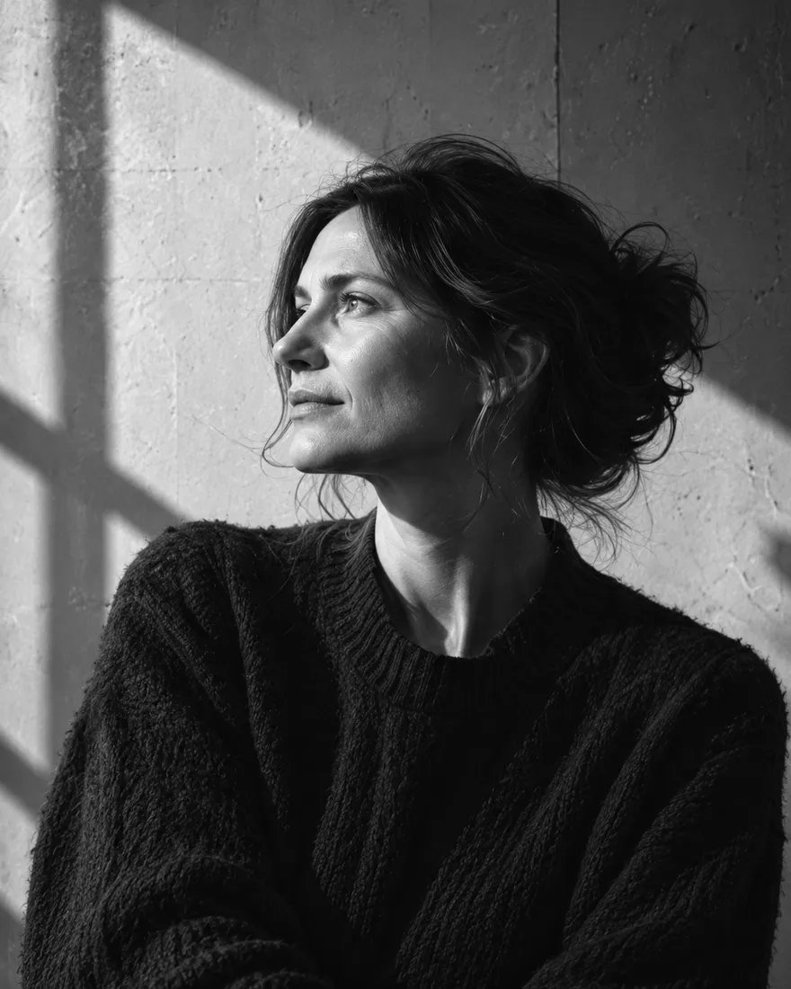 Wren Haddow in black and white, looking up towards window light on a concrete wall
