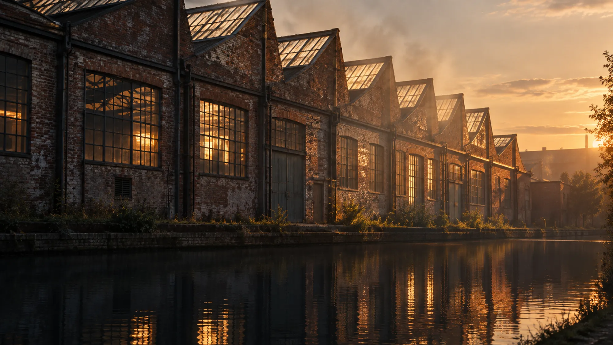 Victorian brick works with a saw-tooth glazed roof along a canal, evening sun on the brick, lit windows in the water