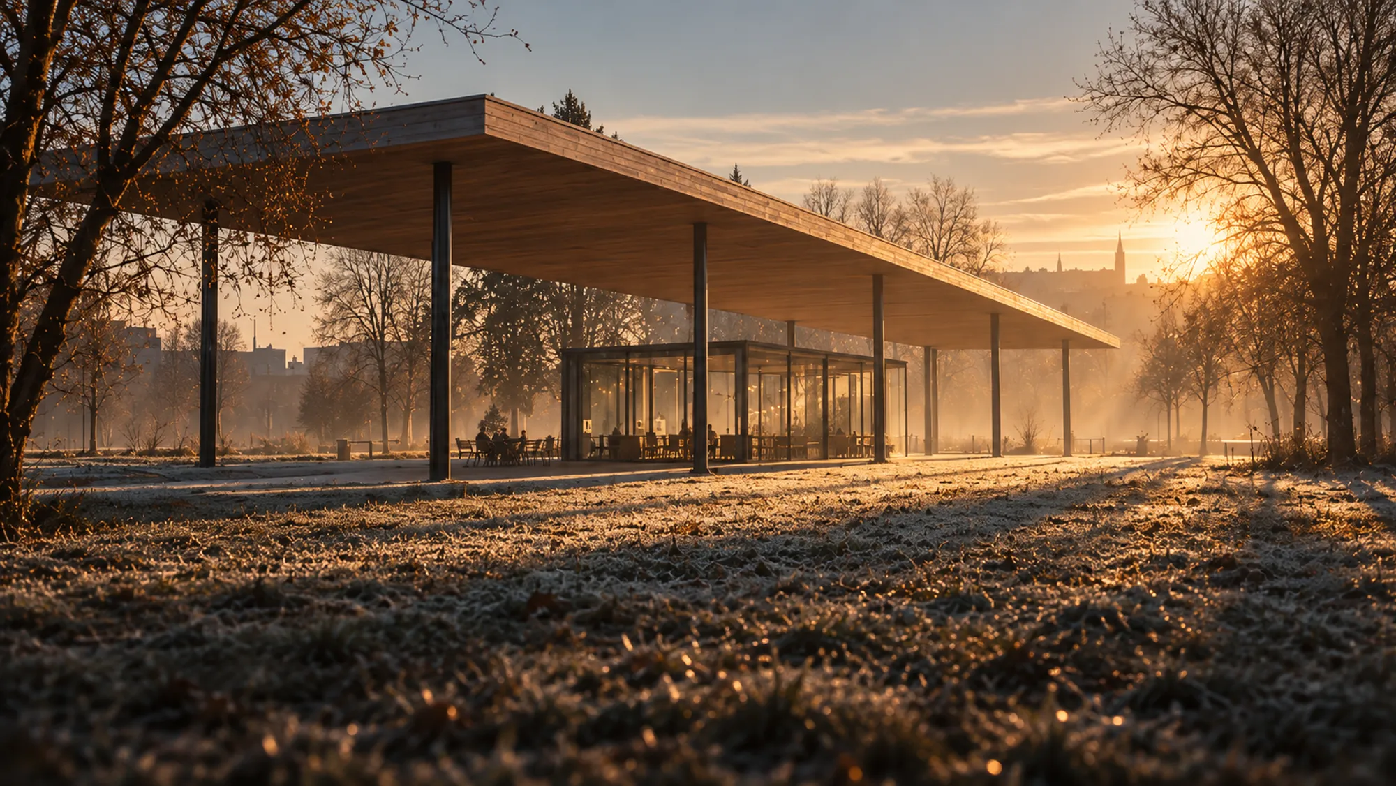 Long timber roof on slender columns over a frosty park, a glazed café beneath, low winter sun behind bare trees