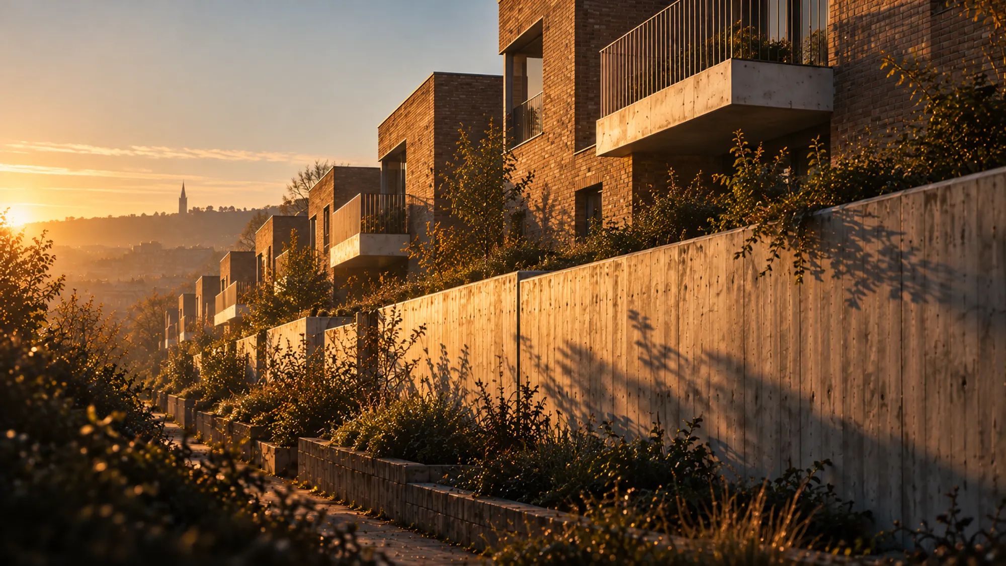 The long board-marked retaining wall at Pitsmoor Rise glowing at sunrise, brick homes stepping up the slope above