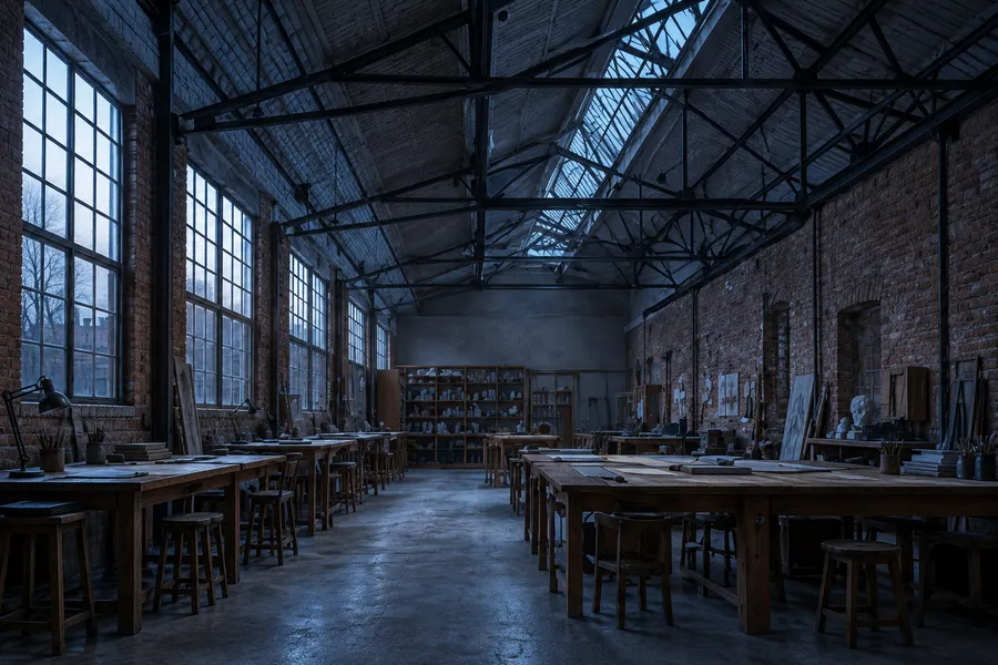 The studio at Attercliffe Works in cold blue first light, steel trusses over long drawing tables
