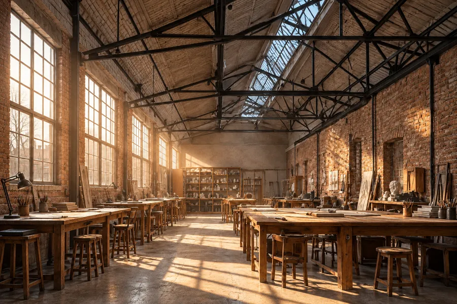 Low morning sun through tall side windows laying bright patches across the studio's concrete floor