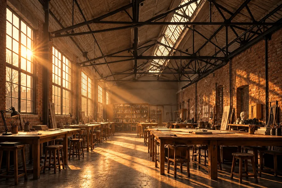 Long amber sun shafts slanting through dust from the side windows across the drawing tables