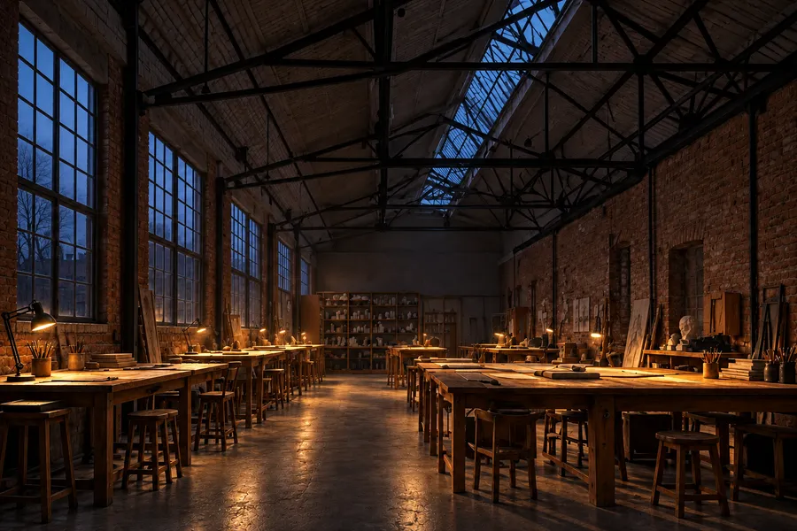 The studio at dusk, blue north lights above and warm desk lamps on over the timber tables
