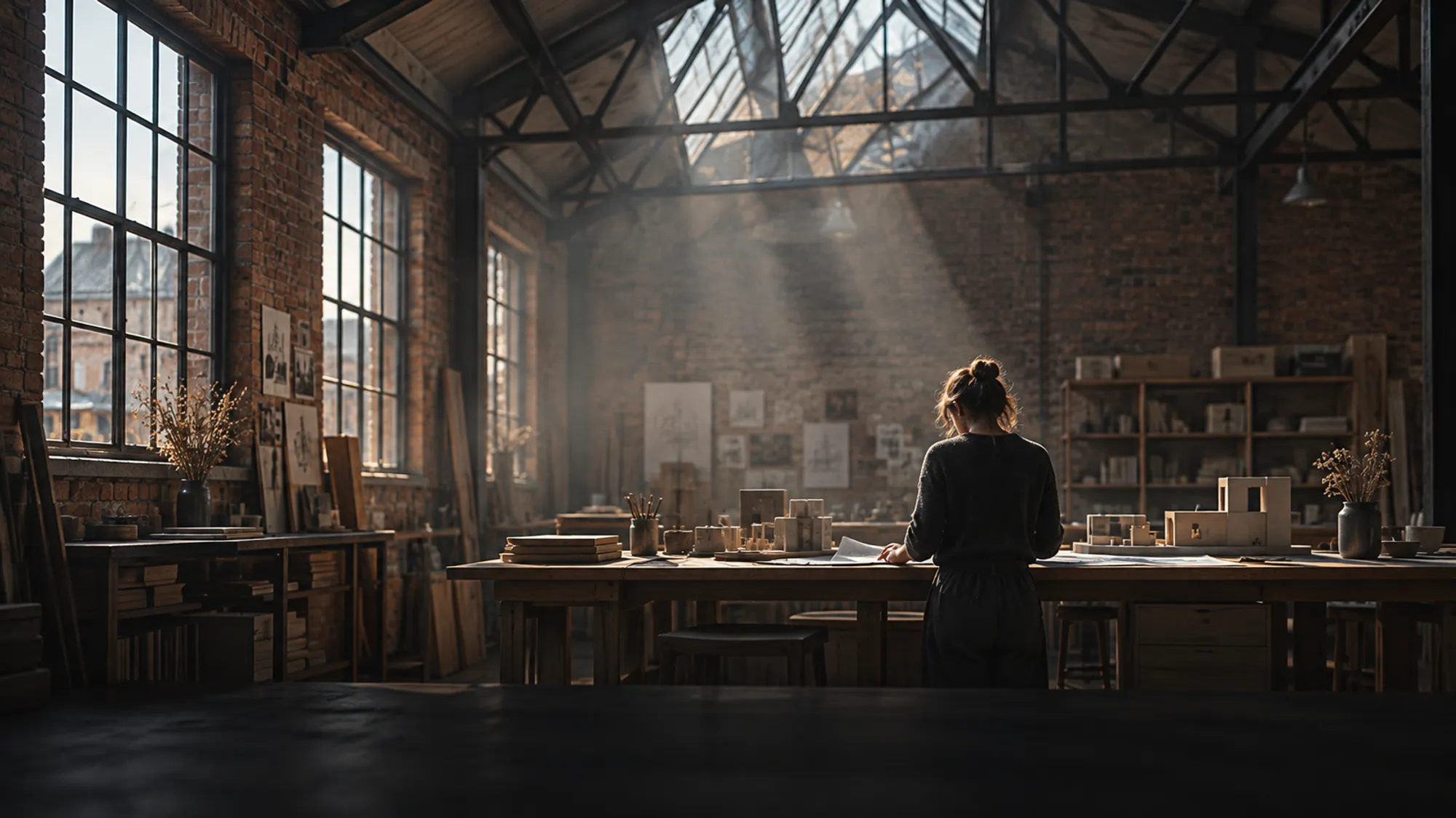 A woman at a long workbench in a brick studio under a north-light roof, dust in the soft light