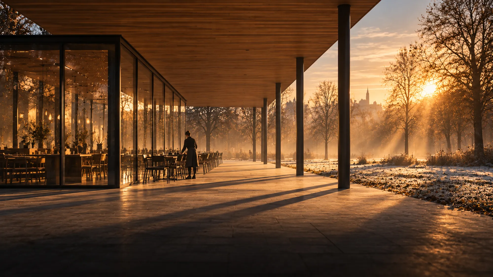 Under the timber canopy beside the glazed café, a worker setting out chairs in low winter sun
