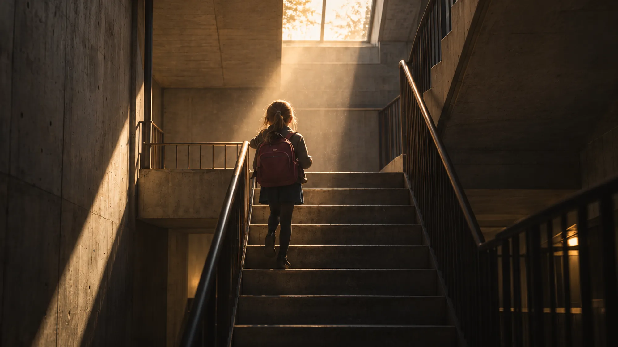 A child with a red school bag climbing a concrete stairwell into a shaft of afternoon sun