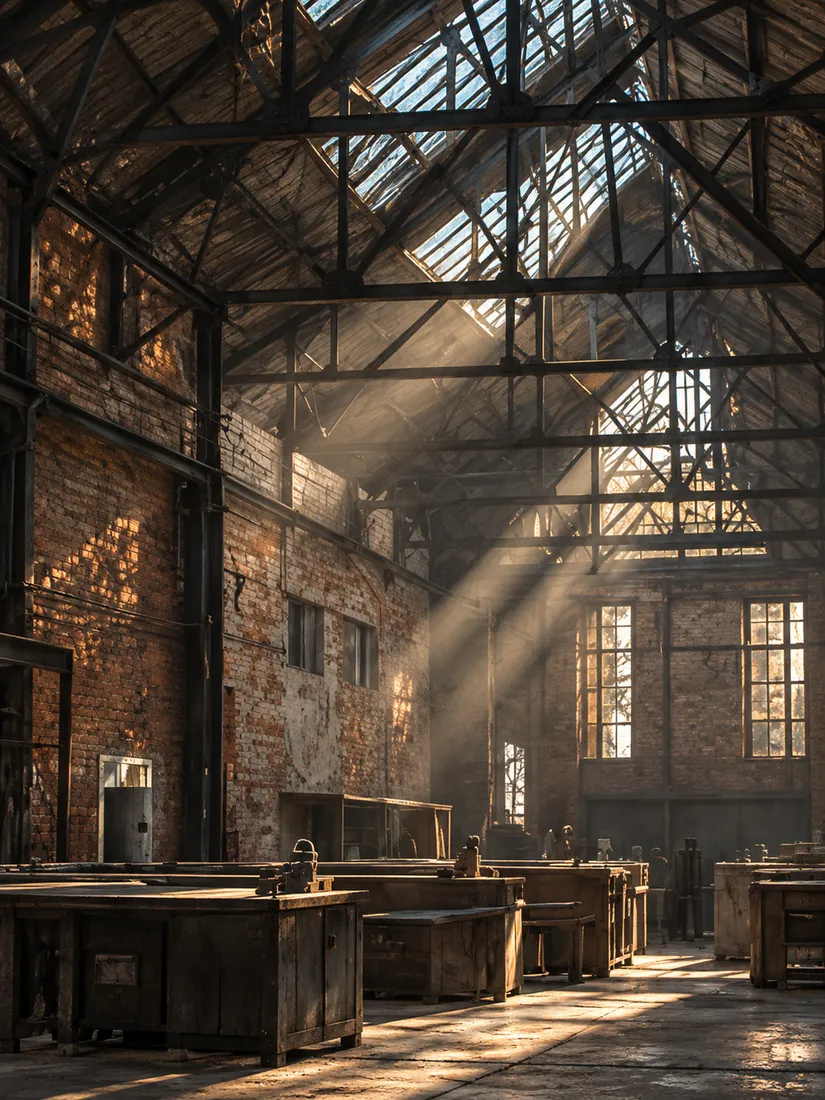 Inside an old brick works: steel roof trusses, glazed north lights and dusty sun shafts over worn workbenches