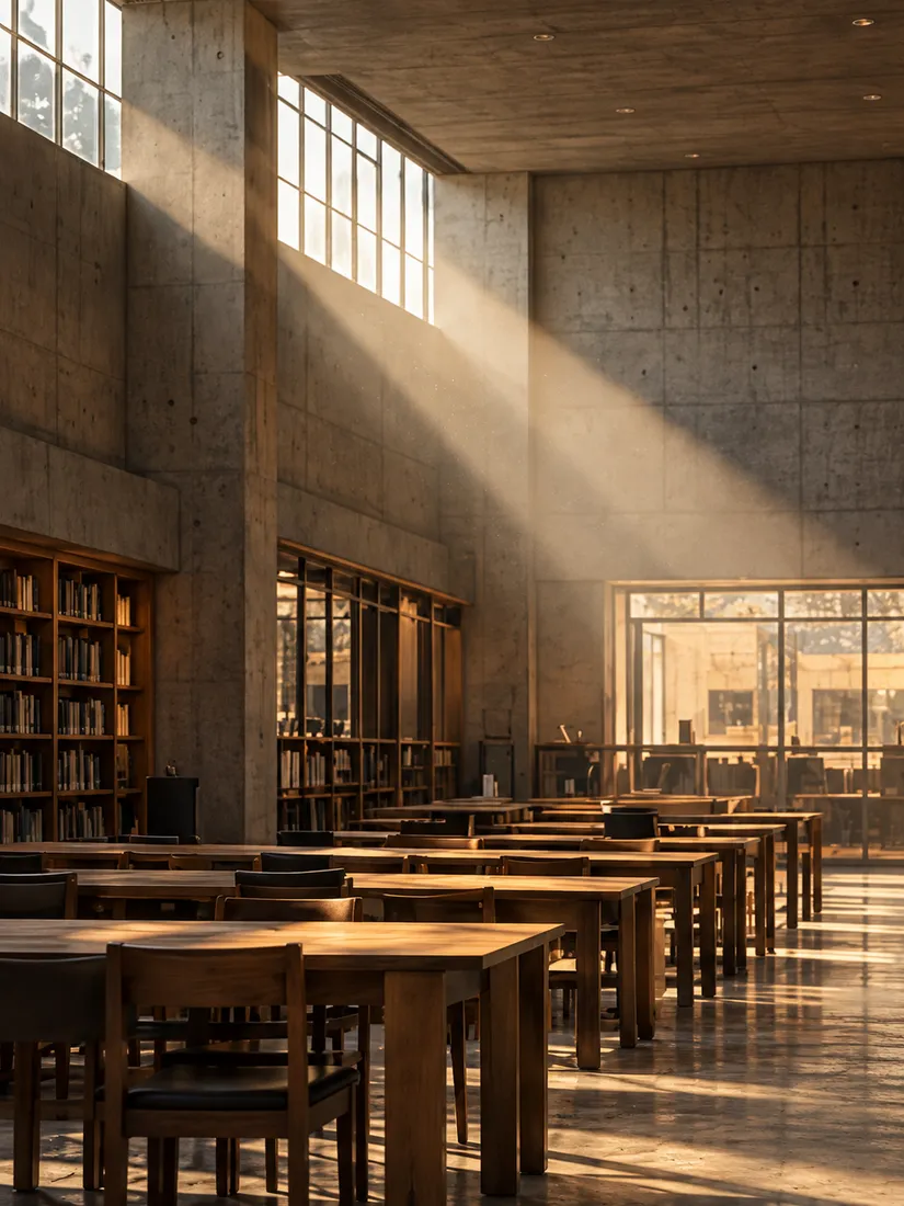 Library reading room with board-marked concrete walls, a shaft of light from a clerestory over long timber tables