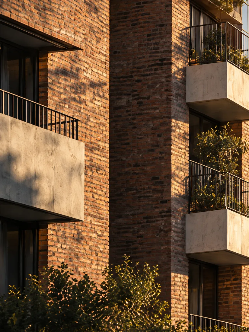Brick housing block with pale concrete balconies and steel railings, long morning shadows under each slab