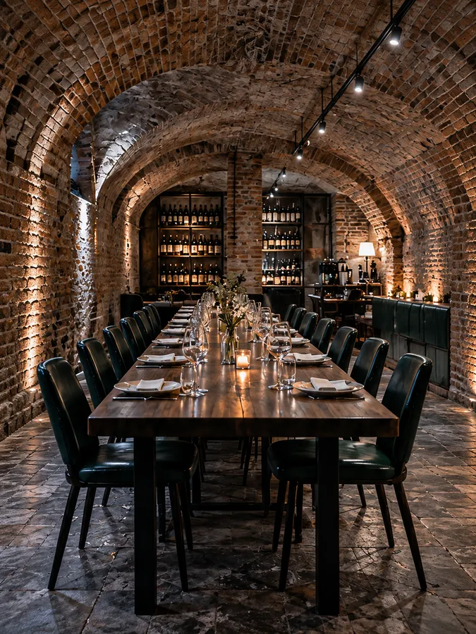 A vaulted brick cellar with one long table laid for dinner, dark green chairs and wine racks at the far end