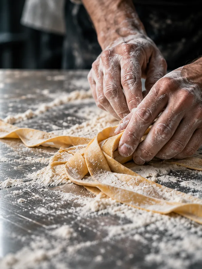 Flour-dusted hands folding a sheet of fresh egg pasta on a floured steel worktable