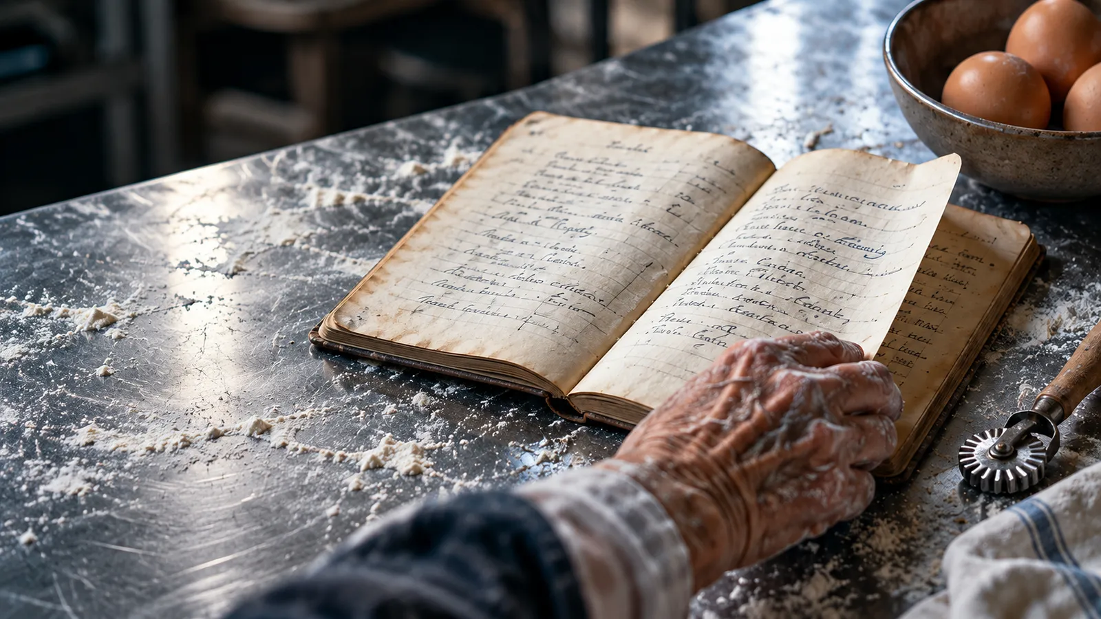 An old handwritten recipe notebook open on a floured steel table beside a bowl of eggs and a pasta cutter, an older hand on the page