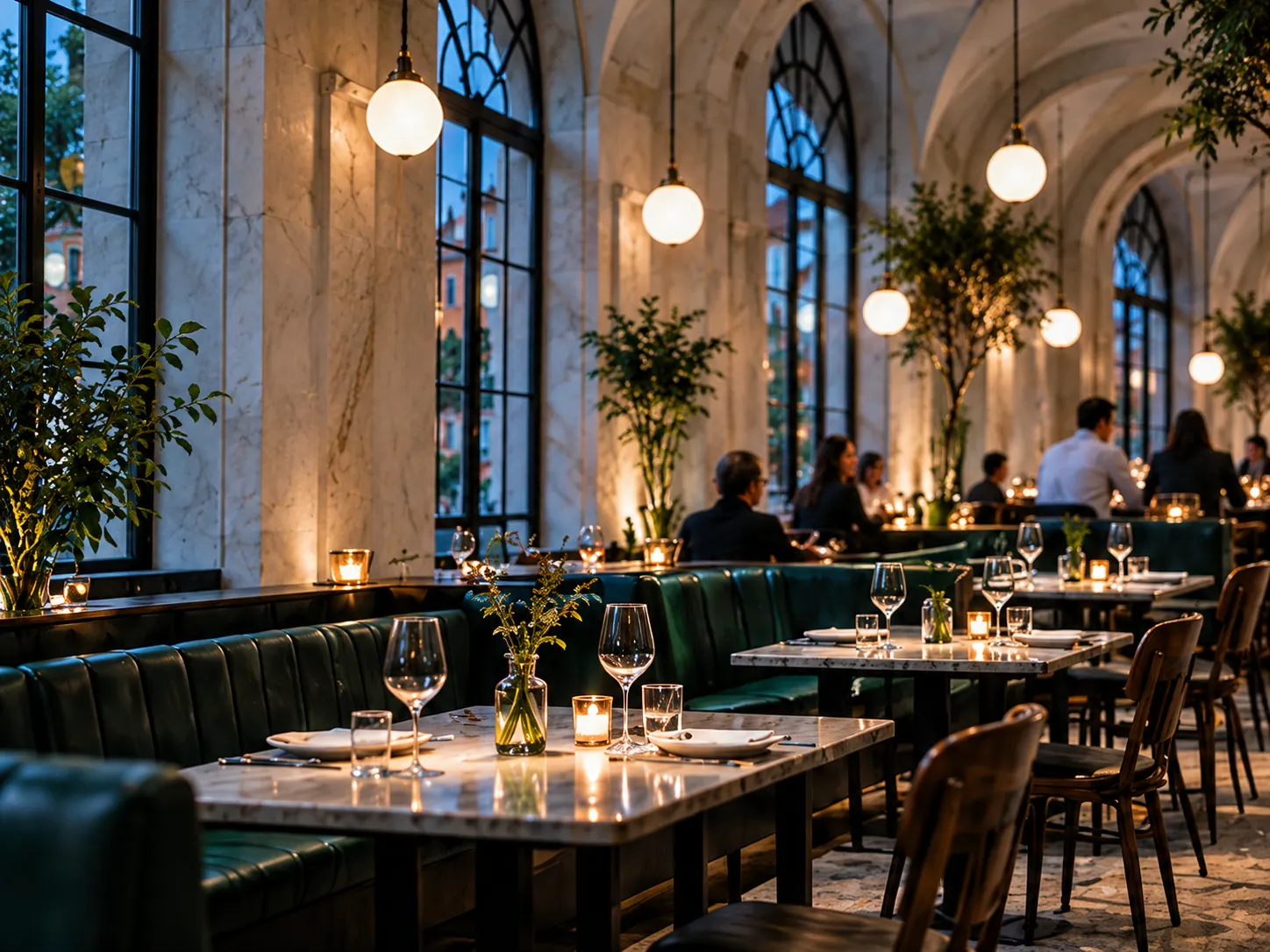 A pale plaster dining room with arched windows at dusk, globe lamps, bottle-green banquettes and marble tables laid with glasses