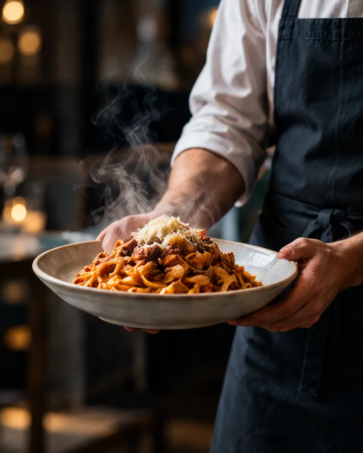 A waiter's hands carrying a steaming bowl of tagliatelle al ragù