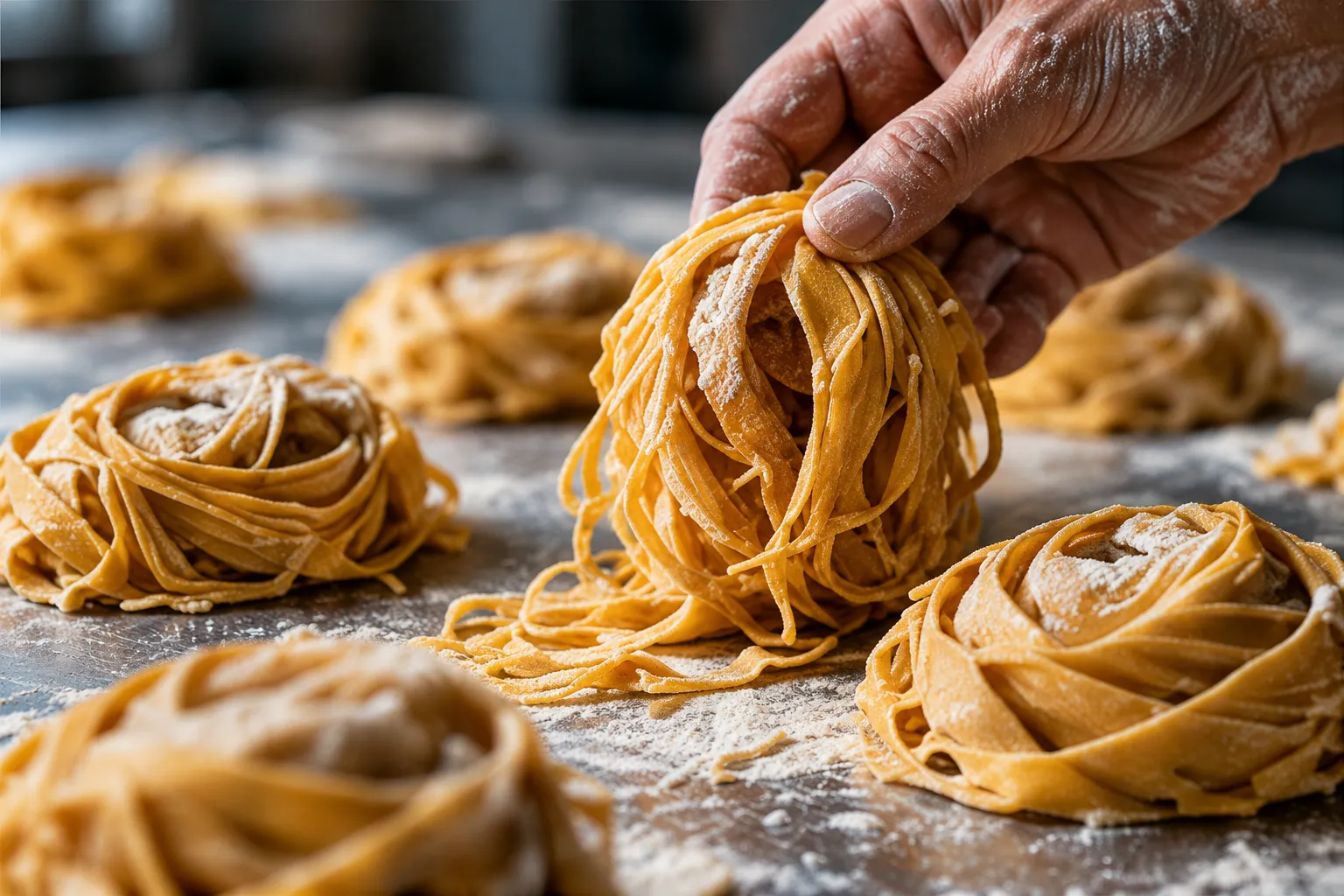 A hand lifting a nest of fresh tagliatelle above rows of nests on a floured bench