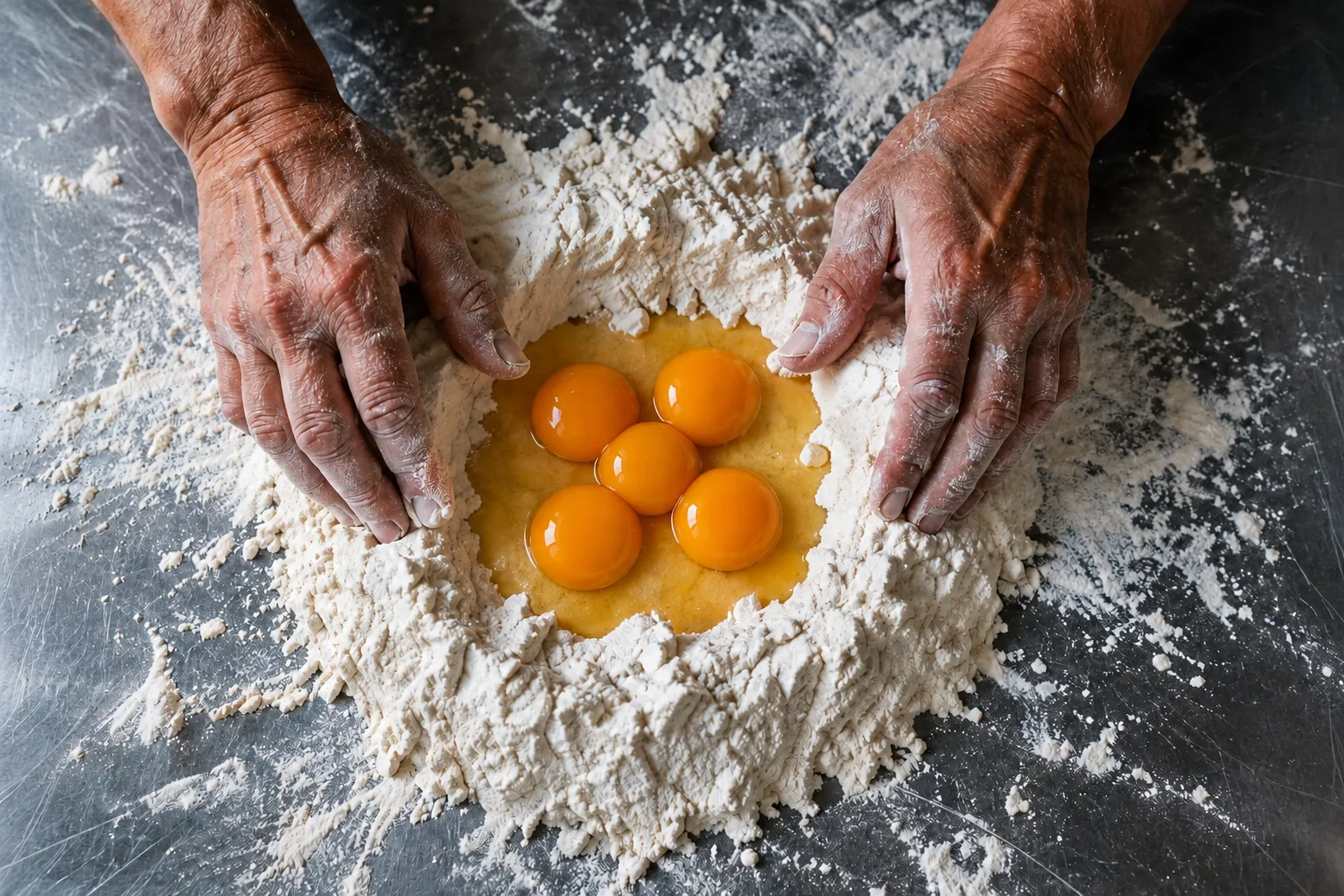 Two hands shaping a well of flour around five bright egg yolks on a steel bench