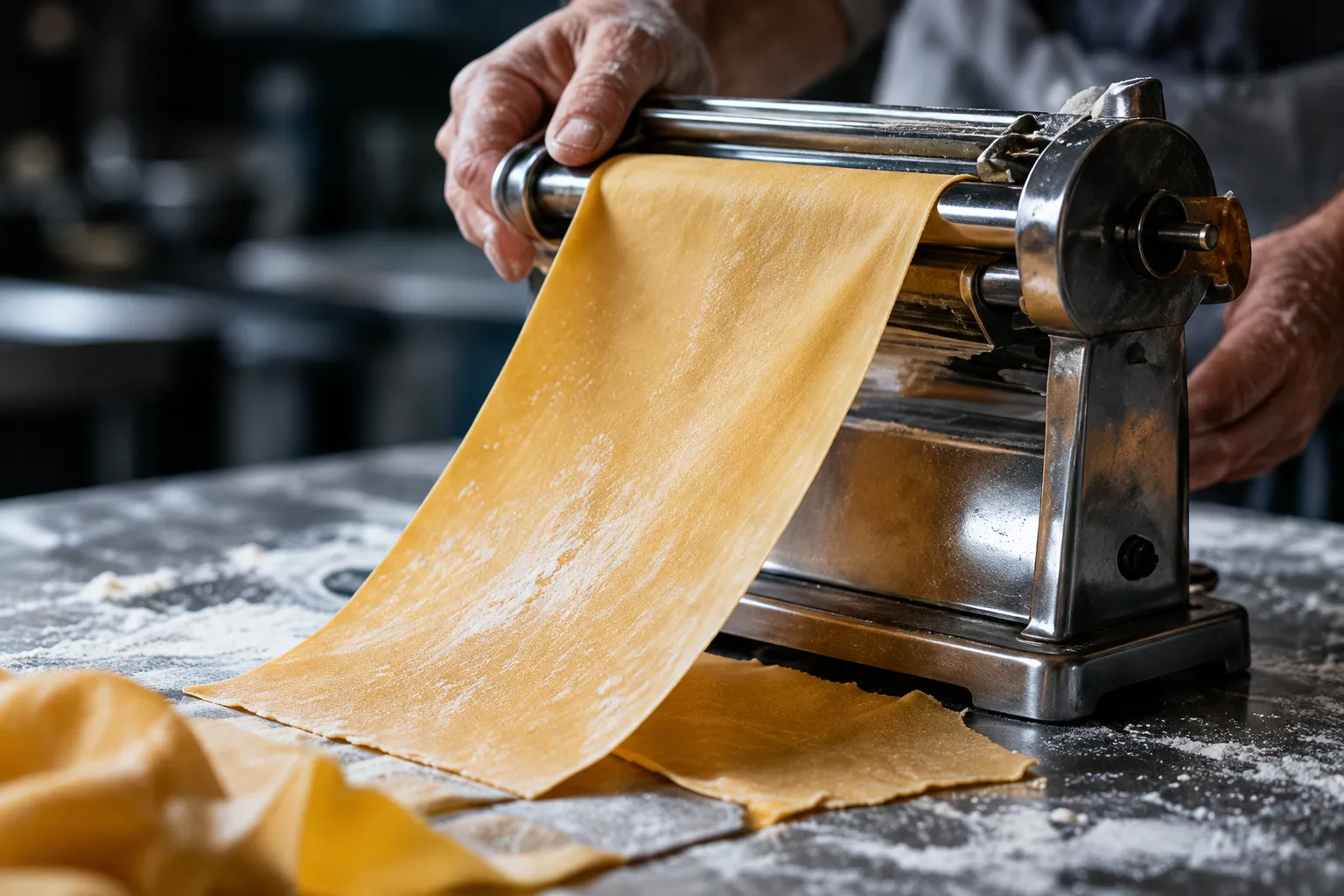 Floured hands guiding a long, thin sheet of pasta out of a steel hand-cranked roller