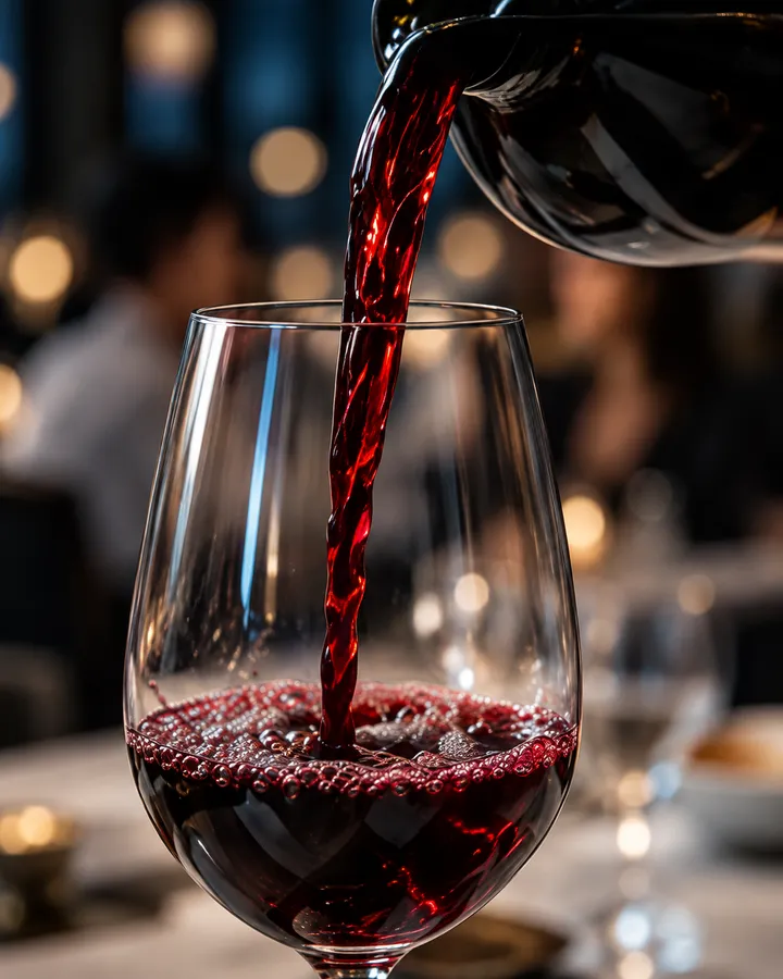 Red wine poured from a dark bottle into a thin glass