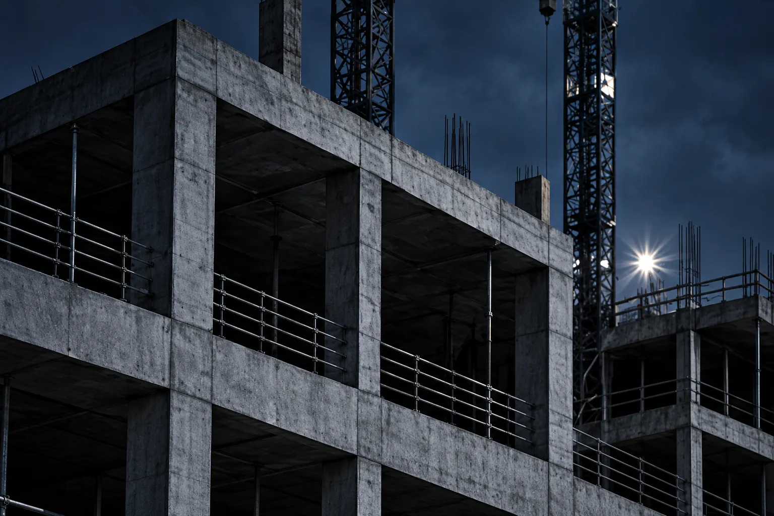 Ein Rohbau aus Beton in der Abenddämmerung mit einem Baukran