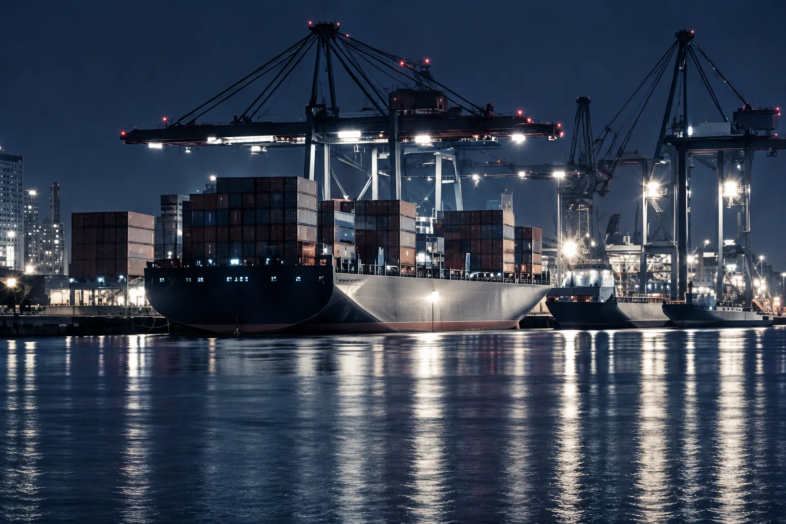 Ein Containerhafen bei Nacht mit Containerbrücken, einem Frachtschiff und Lichtern auf dem Wasser