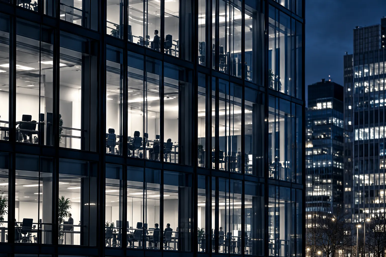 Eine gläserne Bürofassade bei Nacht mit beleuchteten Etagen, schräg von unten gesehen
