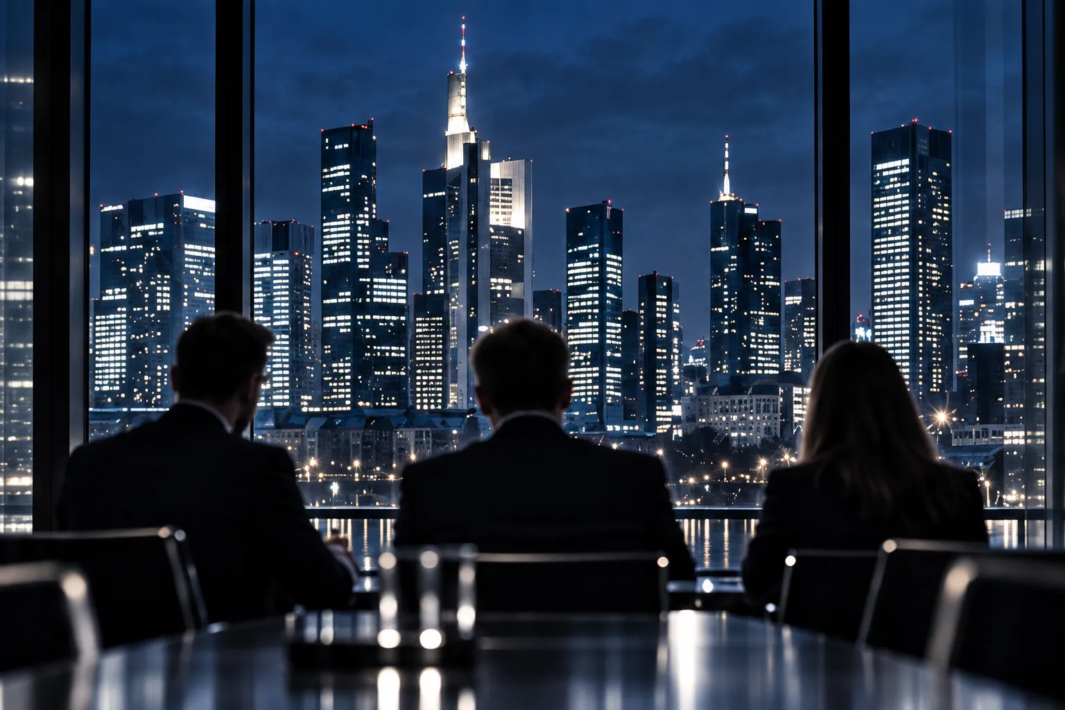 Drei Menschen von hinten an einem Konferenztisch, vor hohen Fenstern mit Blick auf die beleuchtete Skyline