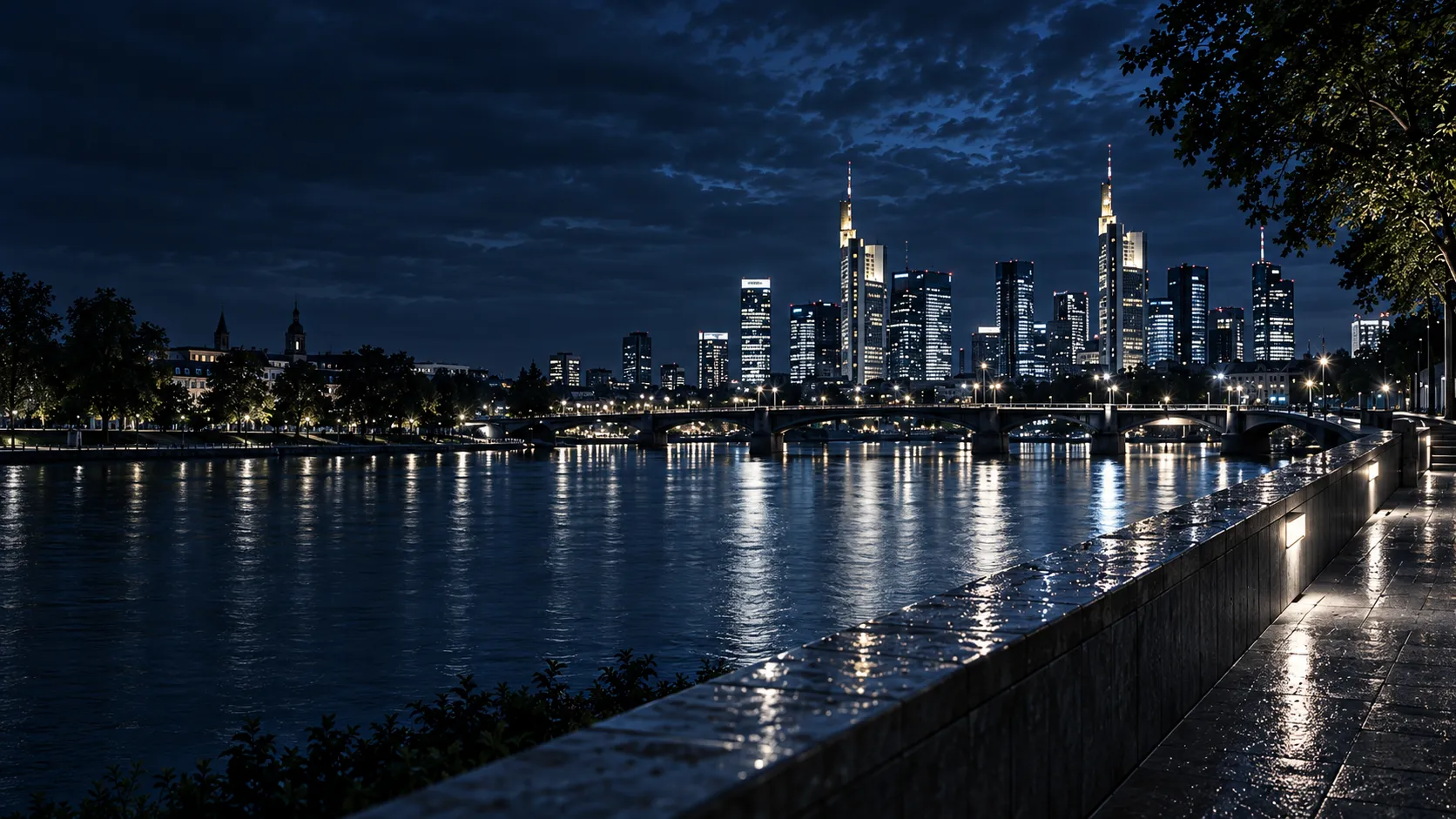 Blick von einer Uferkante mit niedrigen Lichtern über den Main auf die Skyline kurz nach der Dämmerung
