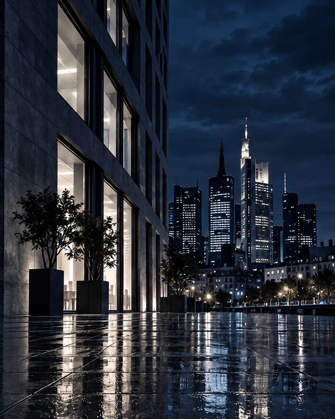 Eine Natursteinfassade mit hohen beleuchteten Fenstern bei Nacht, dahinter die Hochhäuser
