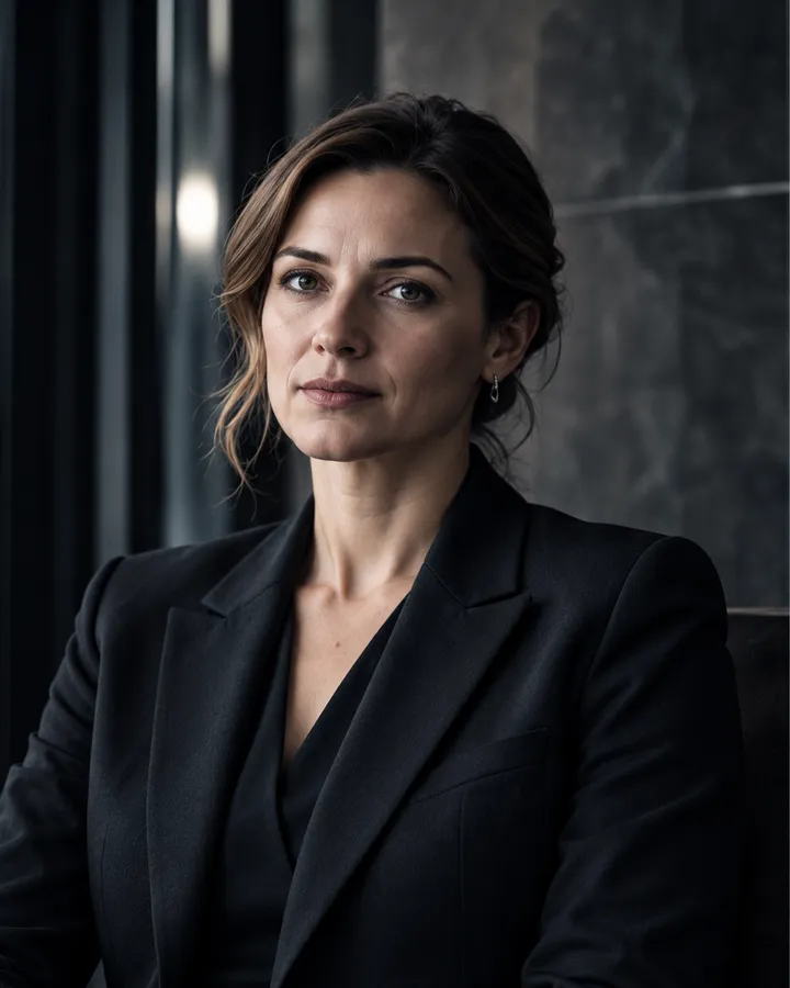 Porträt von Dr. Katharina Brandt in dunklem Blazer vor dunklem Naturstein