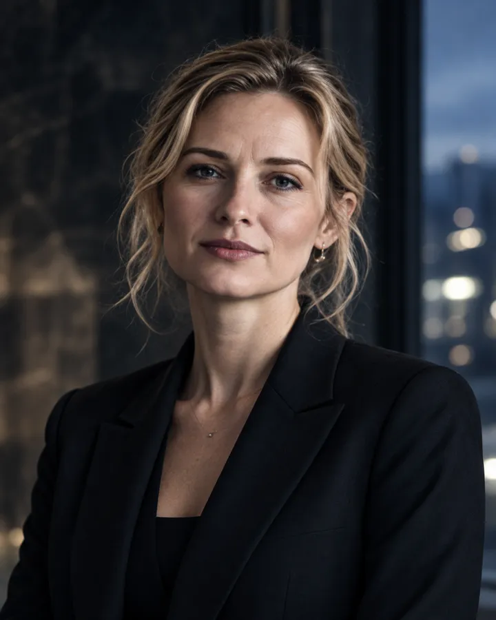 Porträt von Lea Hoffmann mit hellblondem Haar in dunklem Blazer vor einem nächtlichen Fenster